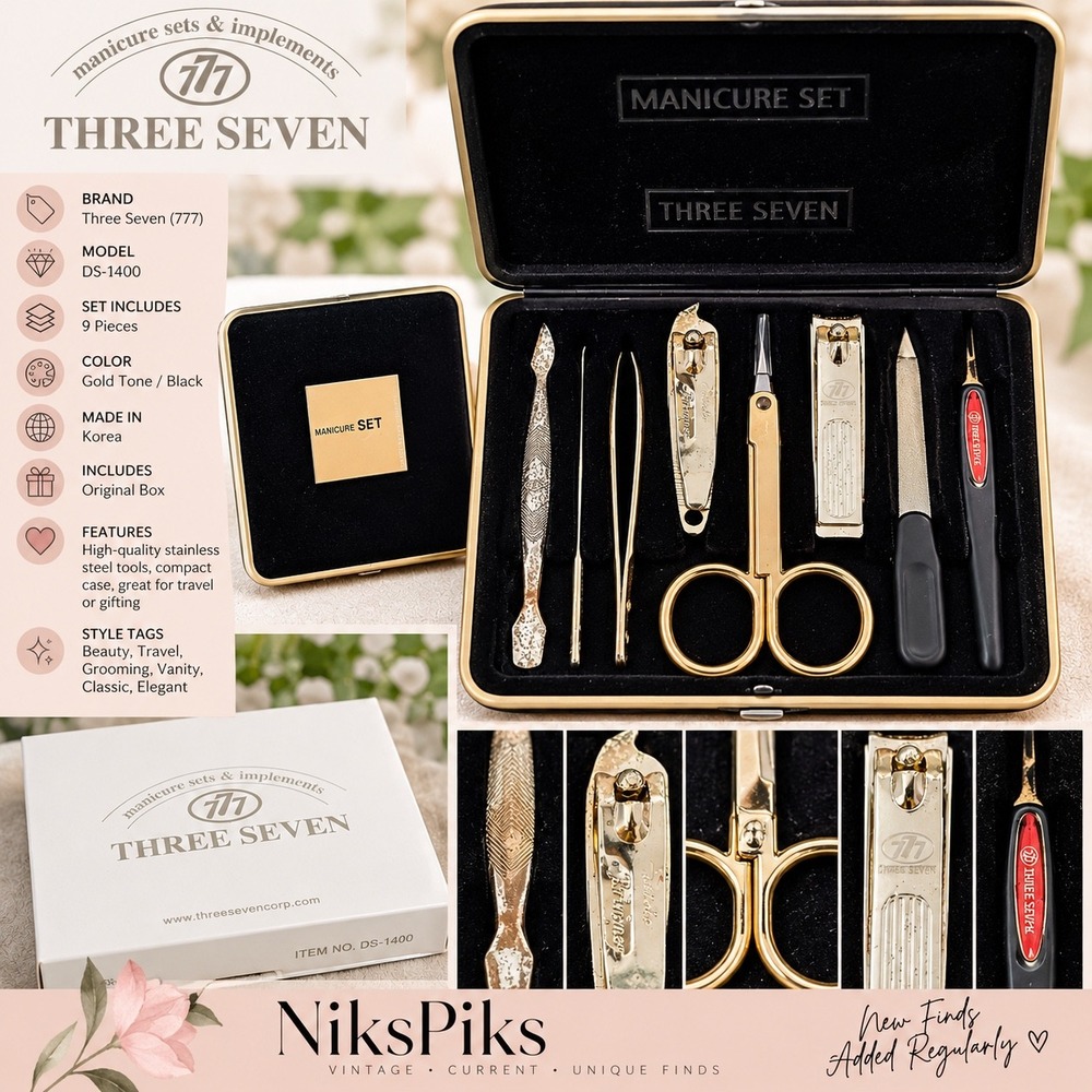 Three Seven 777 DS-1400 Manicure Set 9 Piece Gold Tone Case Korea Unused